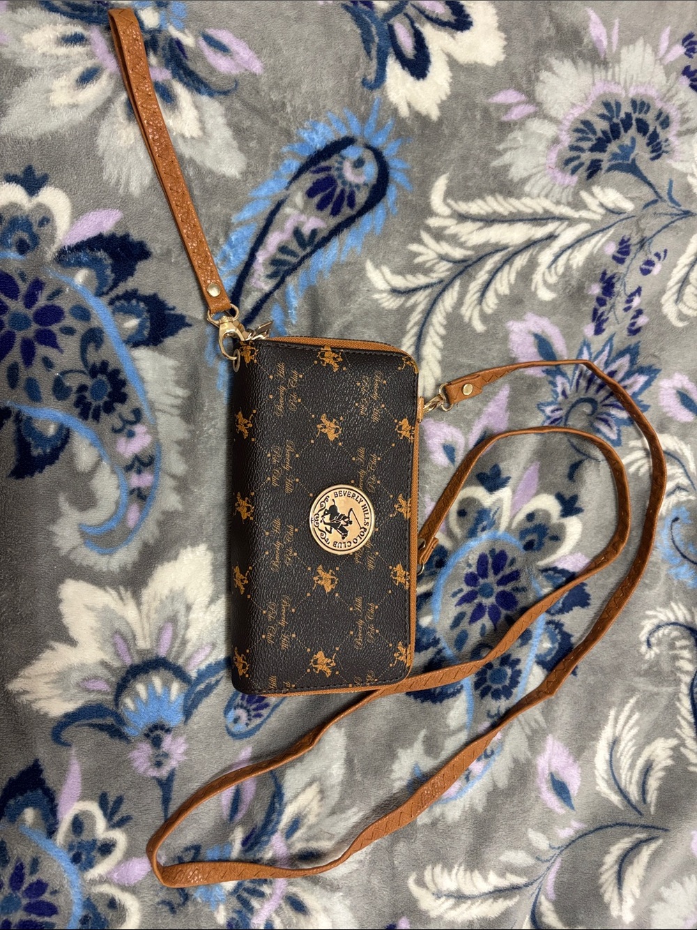 Beverly Hills Polo Club Brown & Tan Monogram Crossbody Wallet